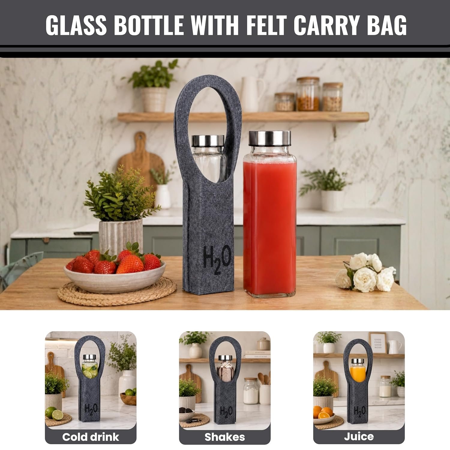 H2O GLASS BOTTLE WITH FELT CARRIER BAG