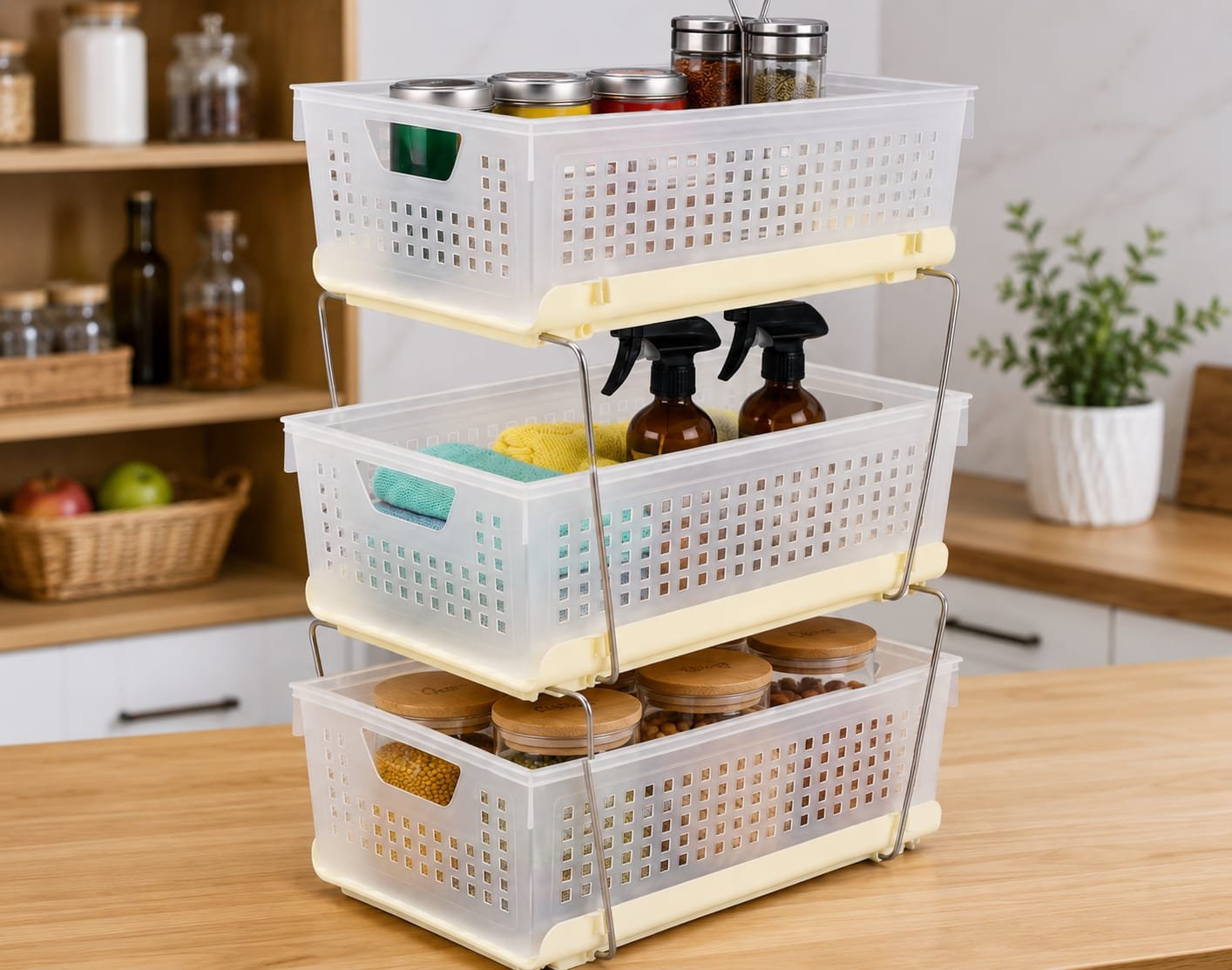 3-TIER STACKABLE STORAGE BASKET ORGANIZER