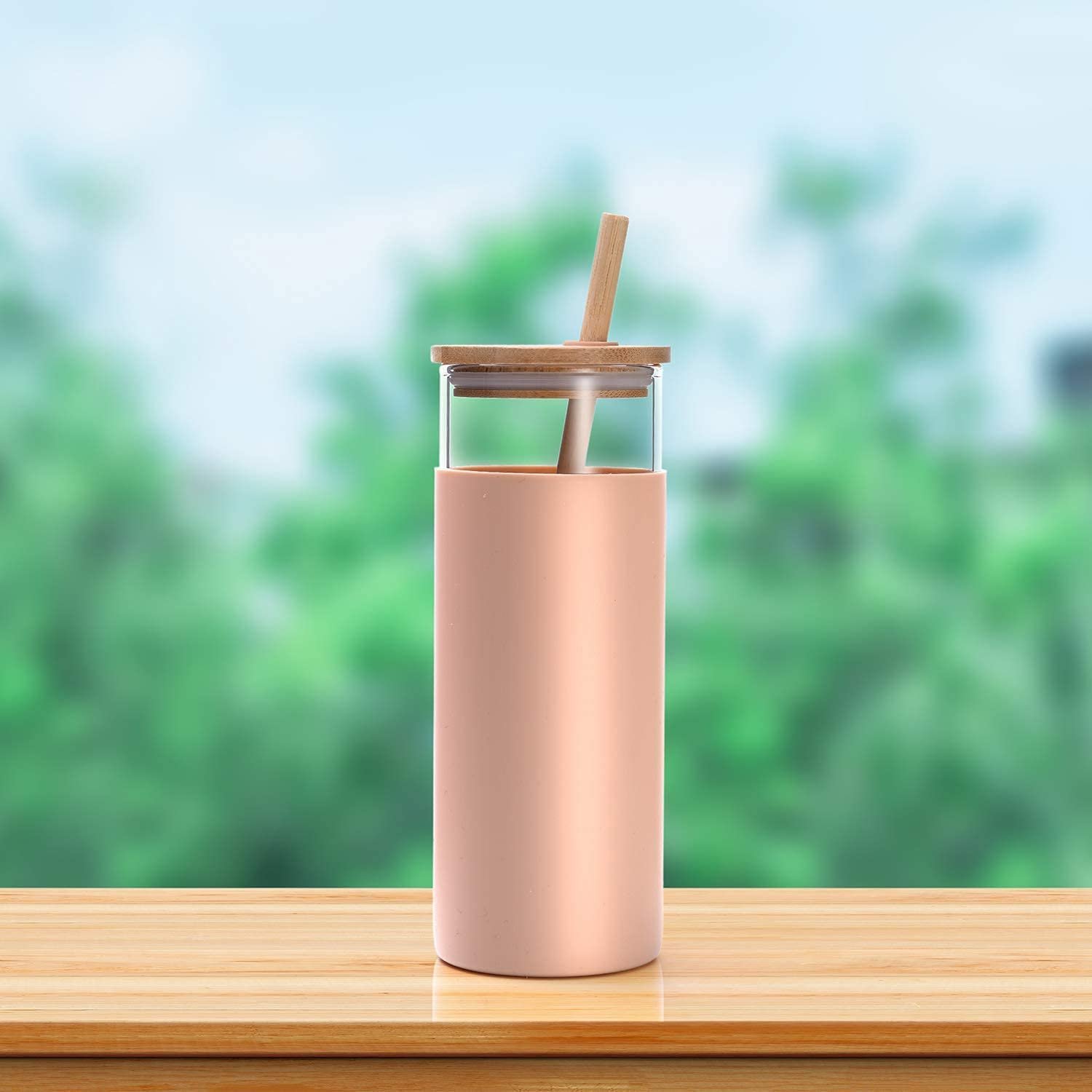 Stylish Glass Water Bottle with Straw Lid Pink Colour