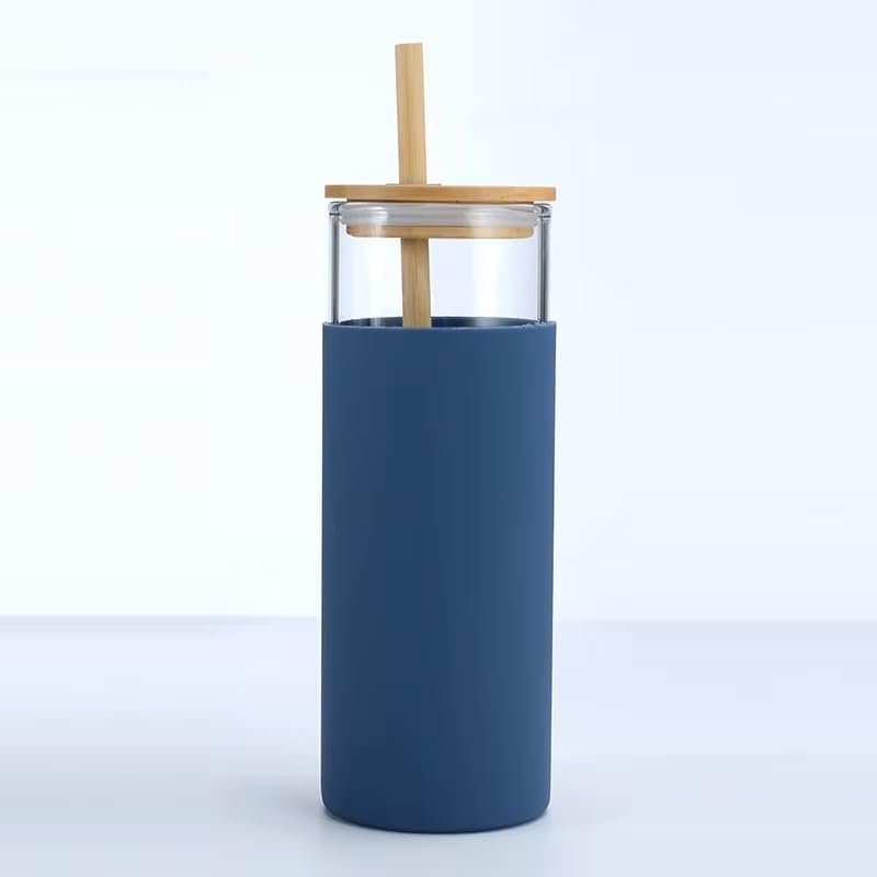 Stylish Glass Water Bottle with Straw Lid Bule Colour