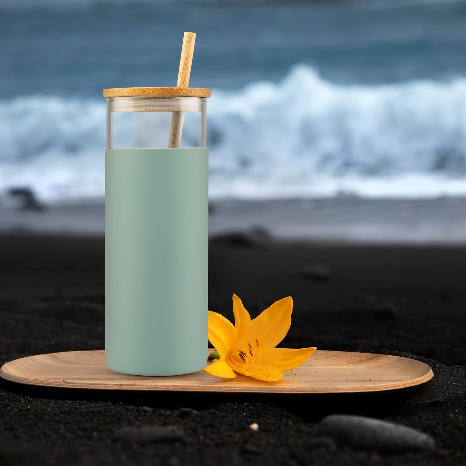 Stylish Glass Water Bottle with Straw Lid Green Colour