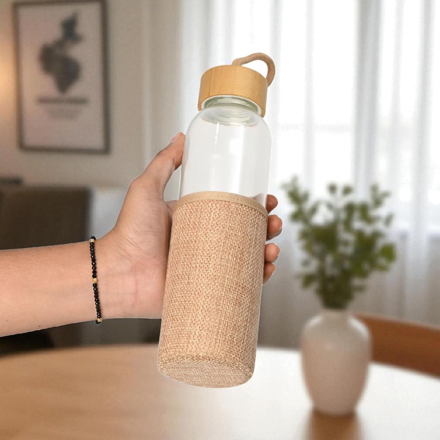 Leakproof Glass Water Bottle with Wooden Finish Lid