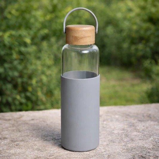 Premium Glass Water Bottle with Wooden Lid & Carry Strap Grey Colour