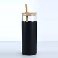 Stylish Glass Water Bottle with Straw Lid BLACK Colour